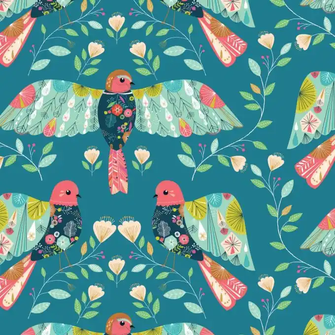 Beliebt Baumwollstoff Flock Türkis Vögel