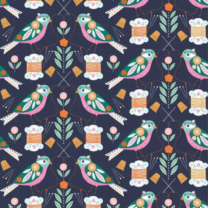 Sonderangebot Stoff Stitch Marineblau Vögel