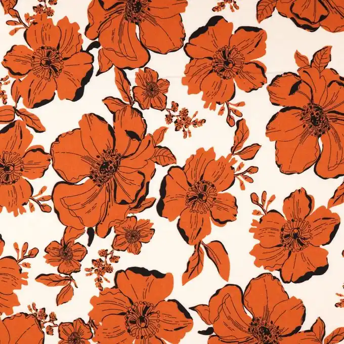 Popeline Viskose Ecru Blumen Ocker Preis Gesenkt