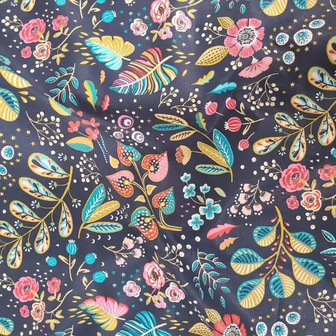 Neu Baumwollstoff Blumen Schwarz