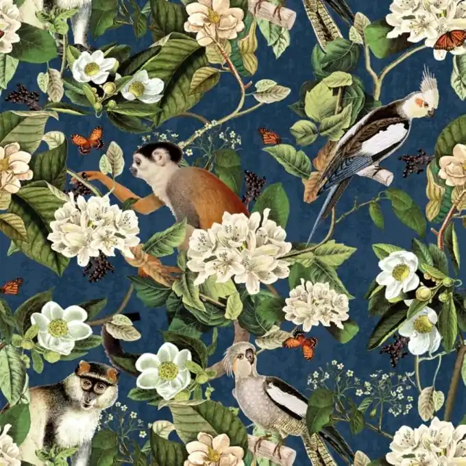 Nur Heute Dicker Baumwollstoff Affen/Blumen Blau