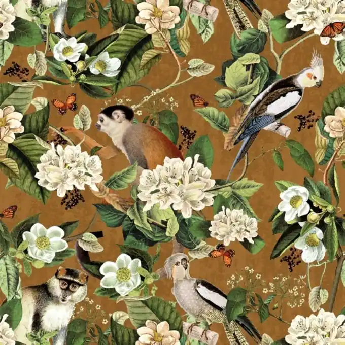 Dicker Baumwollstoff Affen/Blumen Gelb Direktkauf