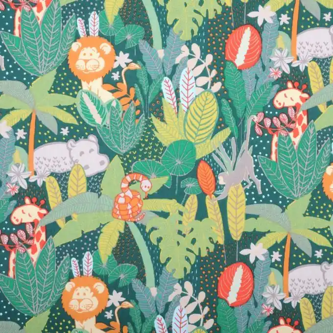 Schneller Versand Baumwollstoff Dschungeltiere Grün
