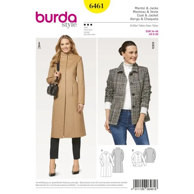 Schnittmuster Burda 6461 Mantel/Jacke Top-Qualität