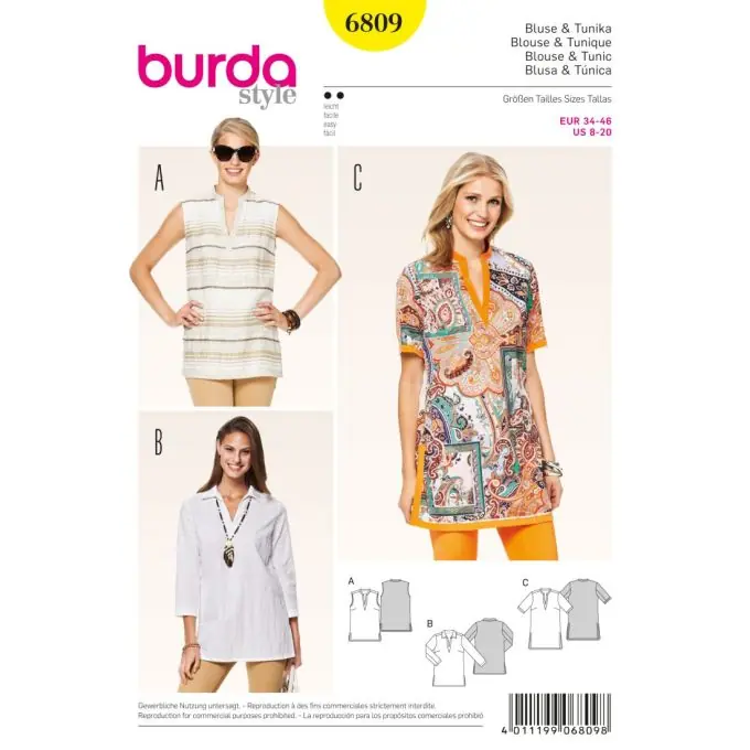 Schnittmuster Burda 6809 Bluse & Tunika Markenprodukt