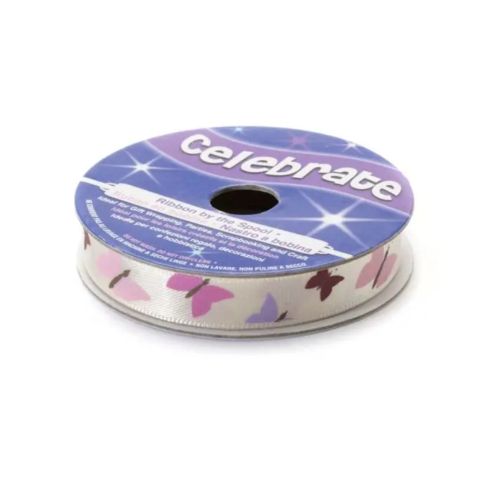 Im Trend Bandspule mit Schmetterlingsmotiven in rosa-violett für kreative Hobbys.