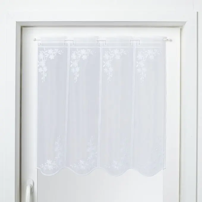 Romantische Scheibengardine mit weißen Blumenstickereien Handgefertigt