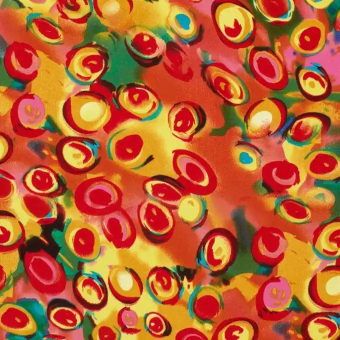 Sofort Bestellen Mousseline Stoff mit bunten Kreisen, 145cm Laize