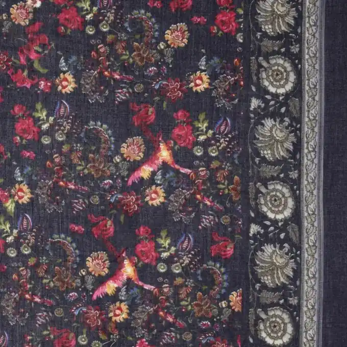 Marineblauer Voile-Schal mit bunten Blumen, 150 cm Breite Gleich Bestellen