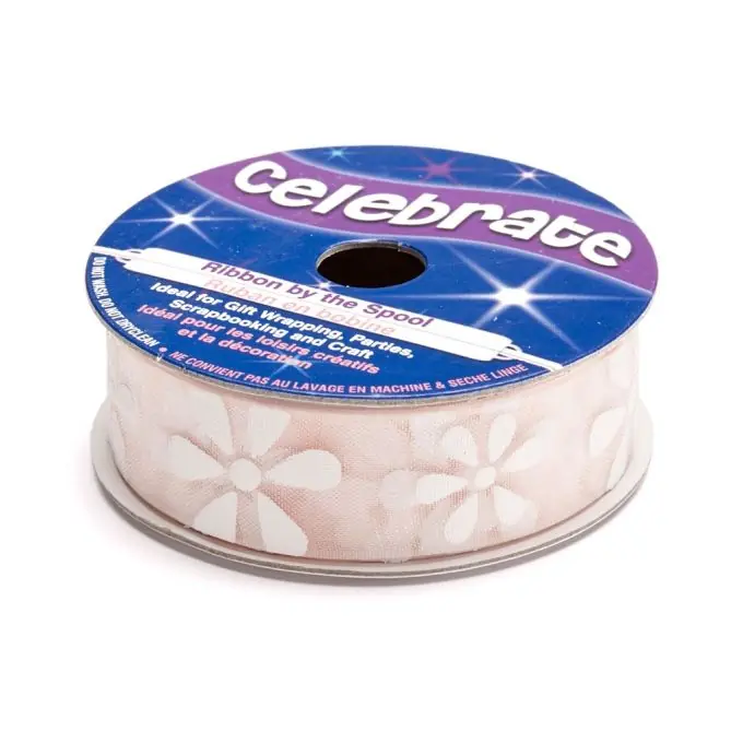Angebot Organzabandspule, mit rosa und weißen Blumen bedruckt
