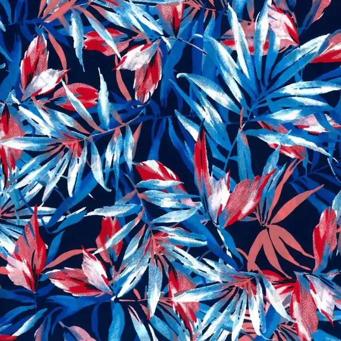 Viskose-Stoff Palmenmuster Blau Rot 145cm Breite Günstig