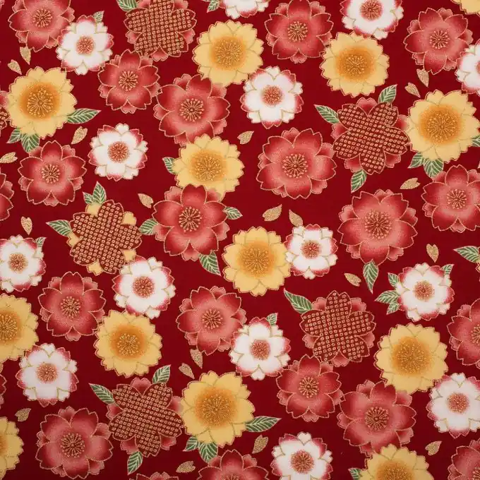 Gratis Versand Popeline-Stoff mit roten und goldenen Blumen, 110 cm Breite