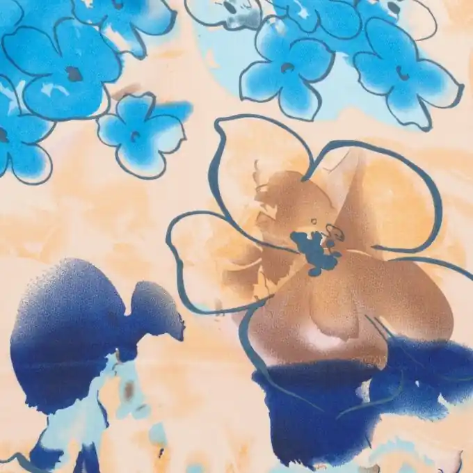 Satin Stoff Blumen Aqua Orange 145 cm Breite Neu Im Sortiment