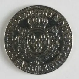 Vollmetallknopf, gekrönter Lilienwappenschild, umgeben von zwei gebundenen Lorbeerzweigen – Größe: 18mm – Farbe: altsilber Begrenztes Angebot