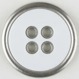 Zweiteiliger Vollmetall-Polyamidknopf mit schmalem silbernen Rand, rund, 4 loch – Größe: 20mm – Farbe: weiß – Art.Nr. 320647 Preis Gesenkt