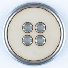 Zweiteiliger Vollmetall-Polyamidknopf mit schmalem silbernen Rand, rund, 4 loch – Größe: 30mm – Farbe: beige – Art.Nr. 370731 Wochenendangebot
