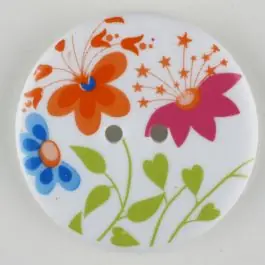Blumenknopf rund, kunstvoll bedruckt mit 2 Löchern – Größe: 32mm – Farbe: weiss – Art.Nr. 370782 Kostenfreie Lieferung