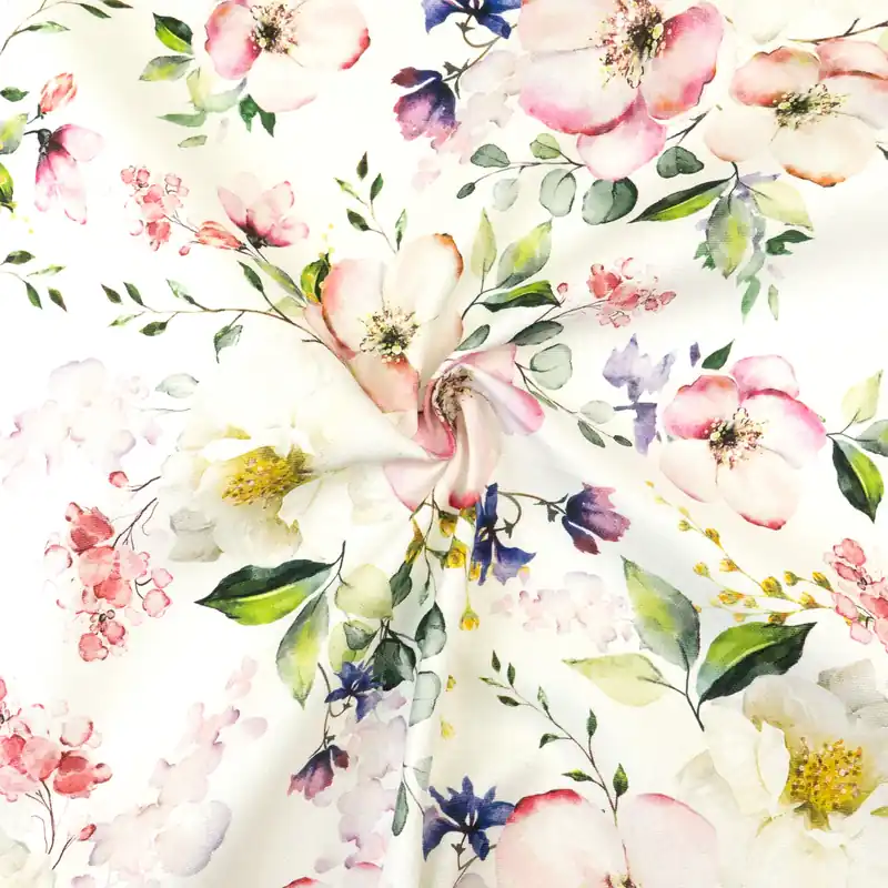 Sonderaktion Dekostoff, Panama, offwhite, grüntöne, rosatöne, florale Motive