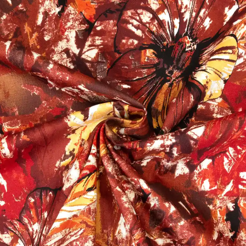 elastischer Baumwollstoff, Twill, orangetöne, schwarz, florale Motive Heißes Angebot