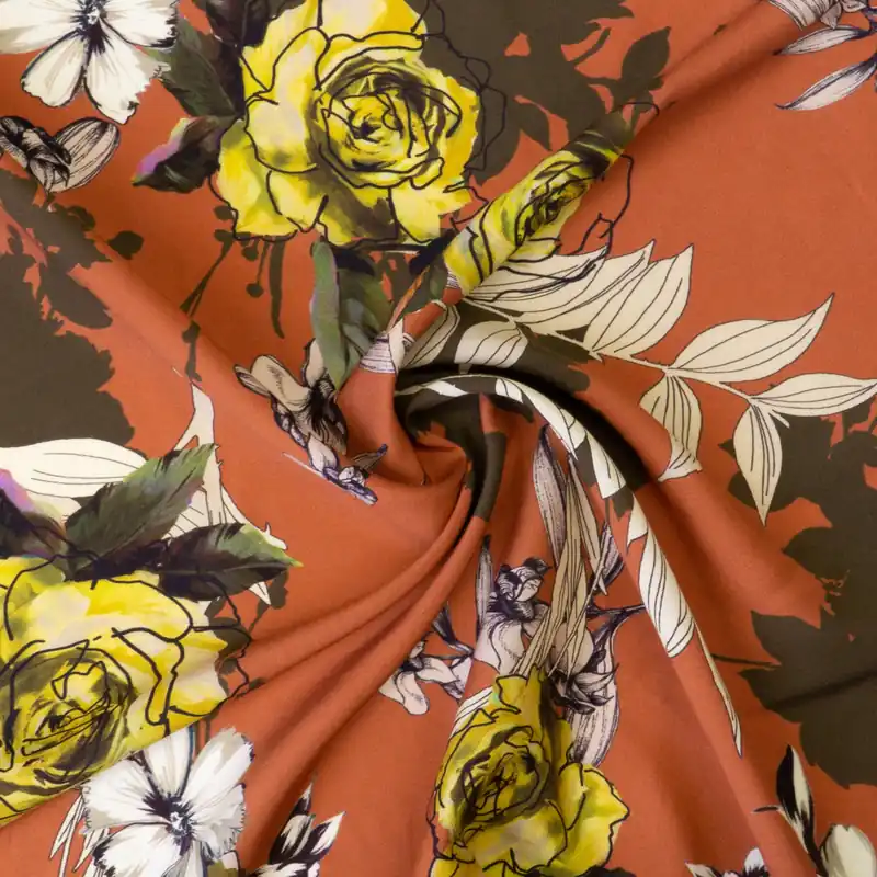 Direkt Vom Hersteller Viskosestoff, Javanaise, rost, gelb, lila, florale Motive