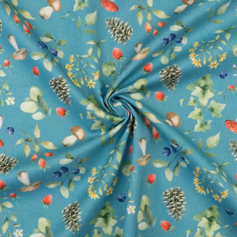 Weicher Baumwollstoff, Cretonne, mittelblau, grüntöne, rot, florale Motive, Früchte Sichere Zahlung