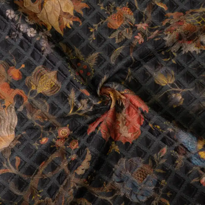 Jacquard, florale Motive, Webstruktur, anthrazit, brauntöne, rottöne Premium