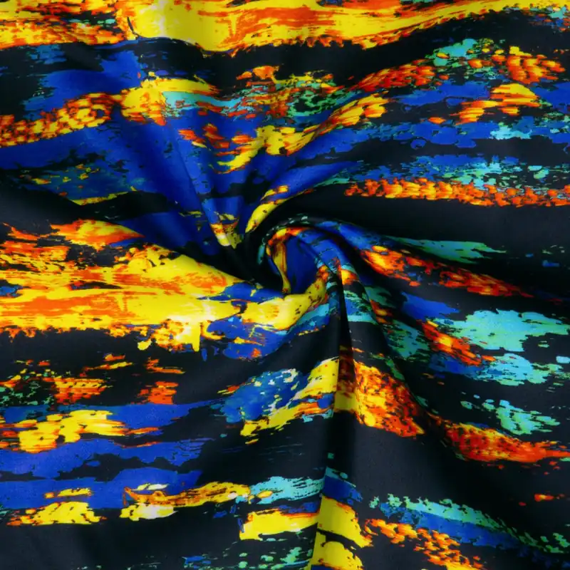 Nur Für Kurze Zeit elastischer Baumwollstoff, Satin, orange, gelb, schwarz, türkis, abstrakt gemustert