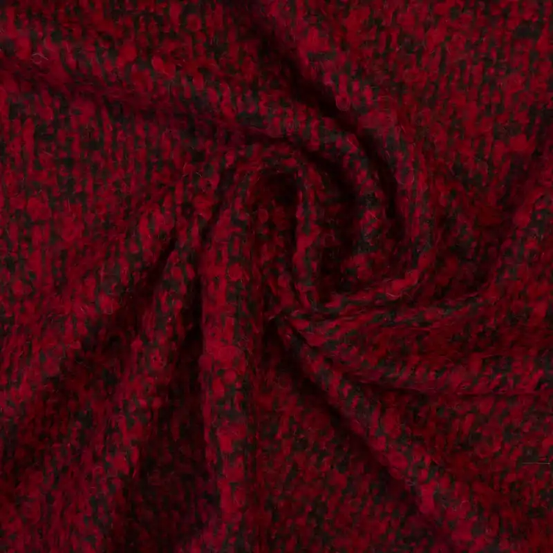 Wollstoff, Bouclé, schwarz, rot, Webstruktur Mengenrabatt