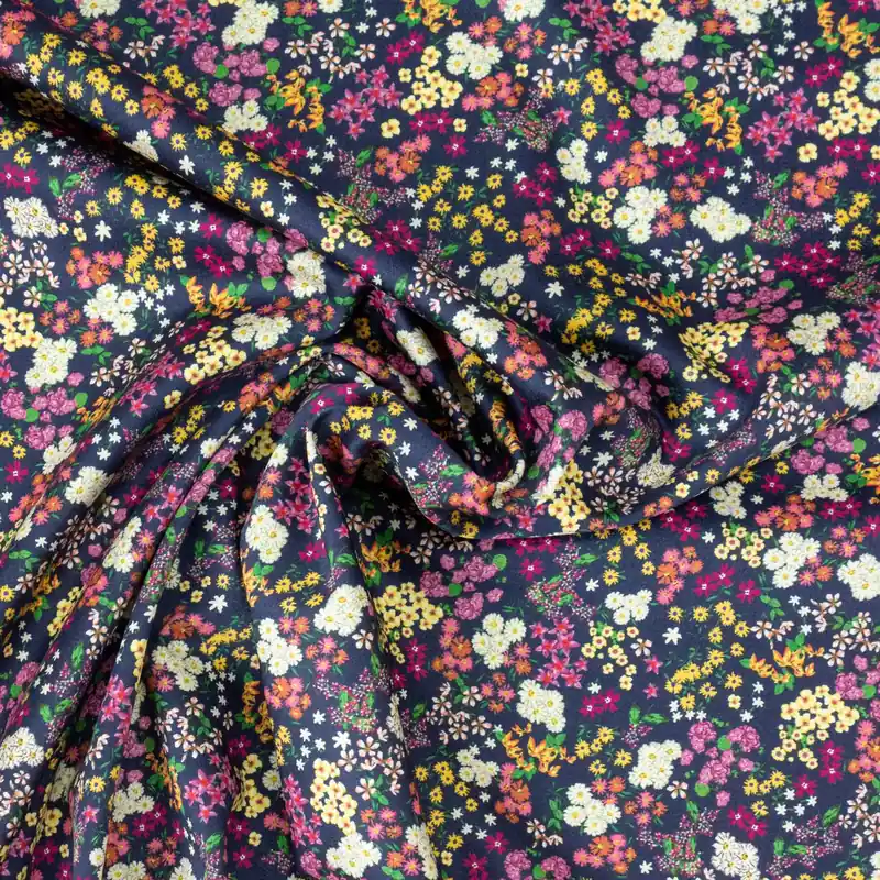 Baumwollstoff, Satin, dunkelblau, beerentöne, gelbtöne, Milles Fleures Ab Werk