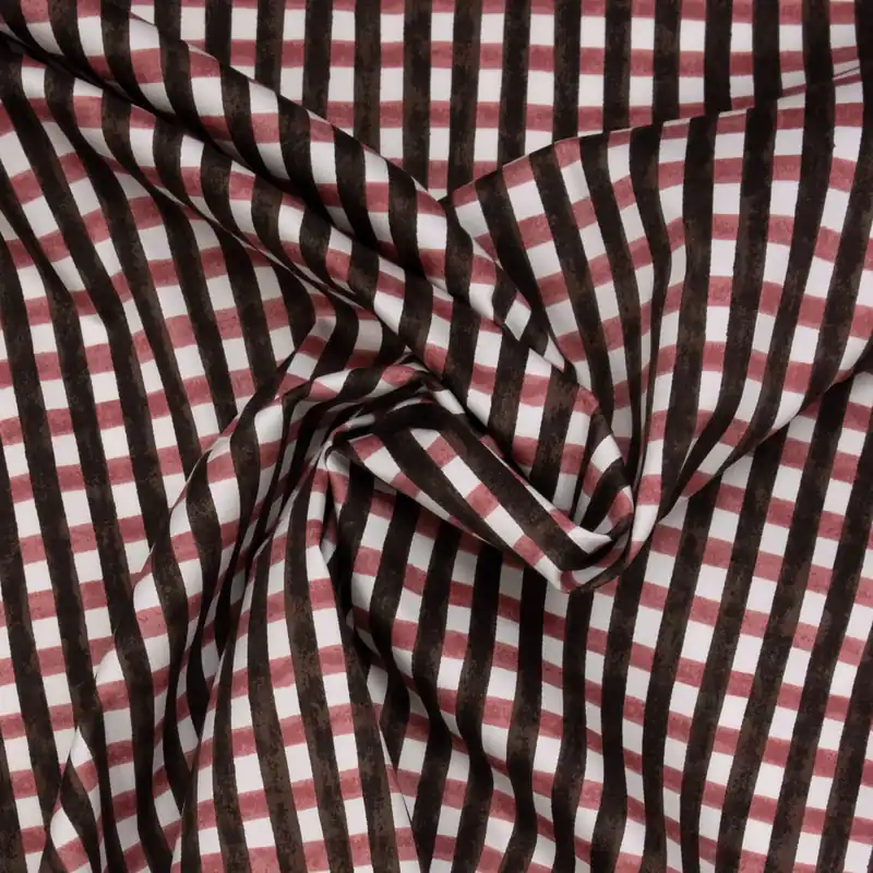 Baumwollstoff, Satin, offwhite, rosa, schwarzbraun, Karo Gratis Versand