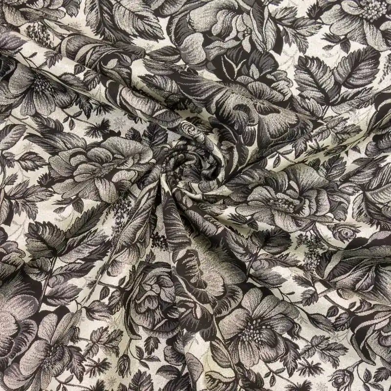 Jacquard, schwarz, offwhite, silber, grau, Glanzeffekt, florale Motive Im Trend