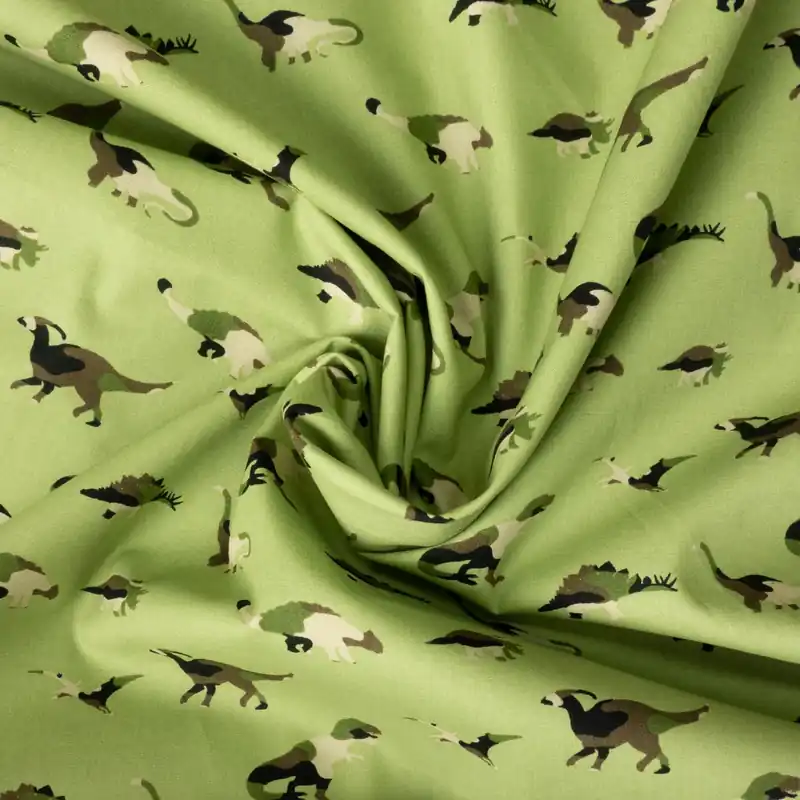 Markenware Baumwollstoff, Popeline, grüntöne, creme, schwarz, Kindermotive – Tiere