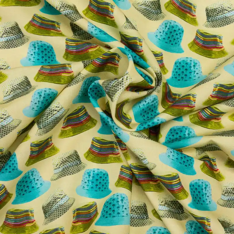 Leichter Baumwollstoff, Popeline, hellgelb, türkis, grün, fotorealistische Motive Solange Der Vorrat Reicht