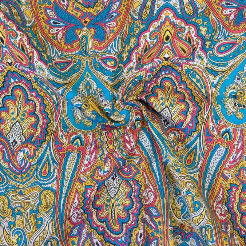 Leichter Baumwollstoff, Musselin, gelb, blau, rot, Paisley-Muster Expressversand