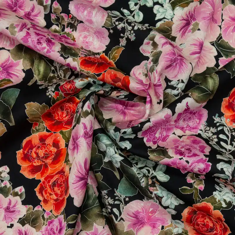 Gleich Bestellen Baumwollstoff, Popeline, schwarz, rosatöne, rottöne, offwhite, florale Motive