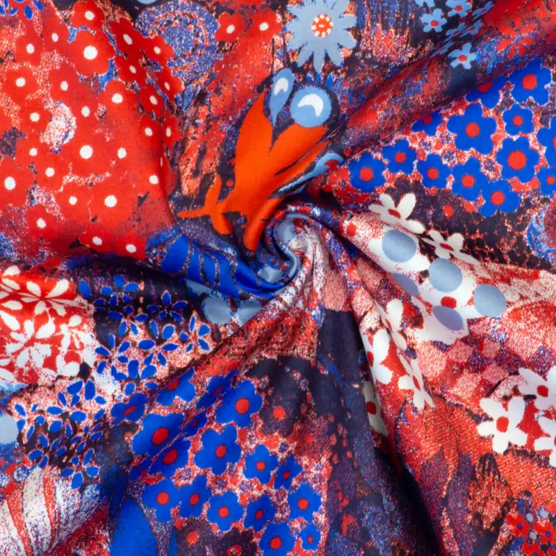 elastischer Baumwollstoff, Satin, blautöne, rot, offwhite, florale Motive Markenware