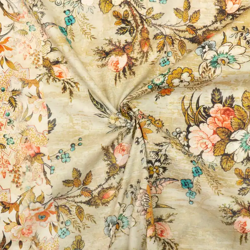 Zertifiziert Baumwollstoff, Popeline, grüntöne, blautöne, rosatöne, florale Motive, grafisch gemustert