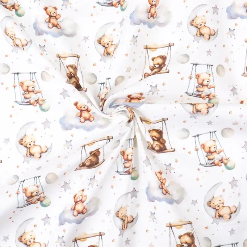 Premium Baumwollstoff, Cretonne, weiß, brauntöne, mauve, Kindermotive – Tiere