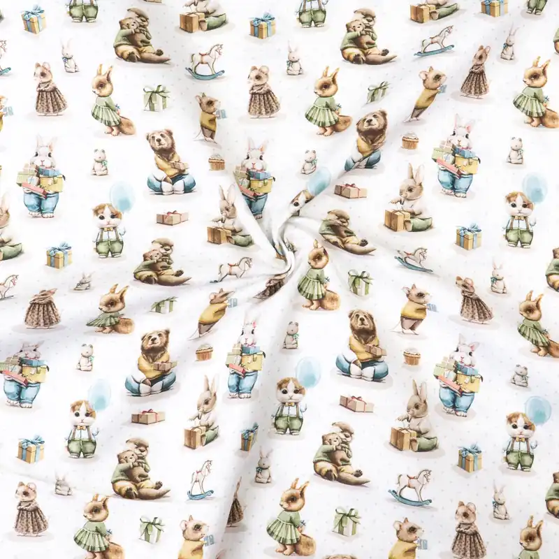 Must-Have Baumwollstoff, Cretonne, weiß, grautöne, ocker, blautöne, Kindermotive – Tiere