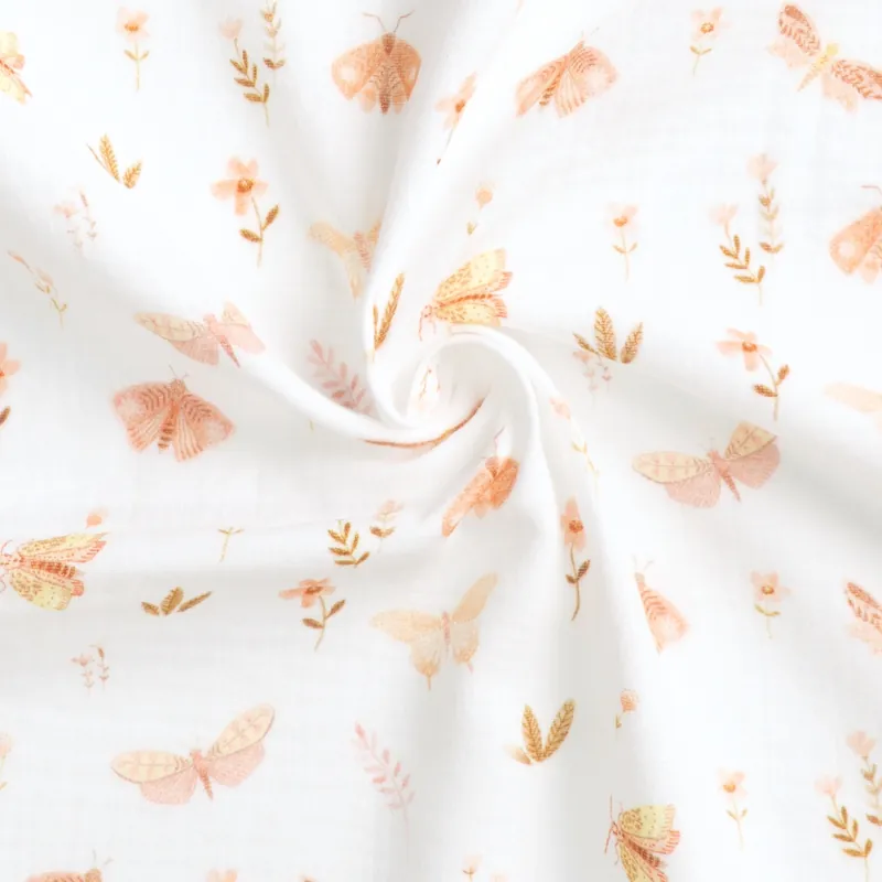 Baumwollstoff, Musselin, weiß, rosatöne, pastellgelb, Insekten, florale Motive Rabatt