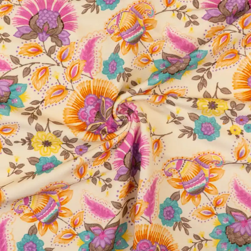 French Terry, vanille, türkis, orange, pink, Paisleyblüten Im Trend