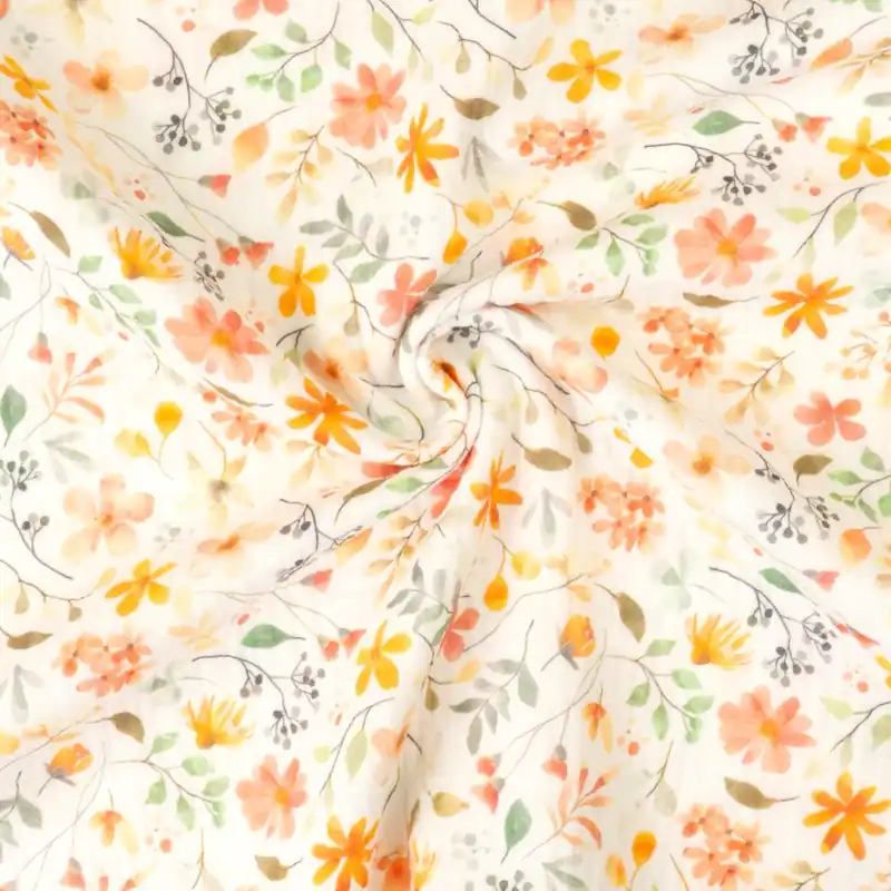 Handgefertigt Baumwollstoff, Musselin, offwhite, grüntöne, koralle, florale Motive