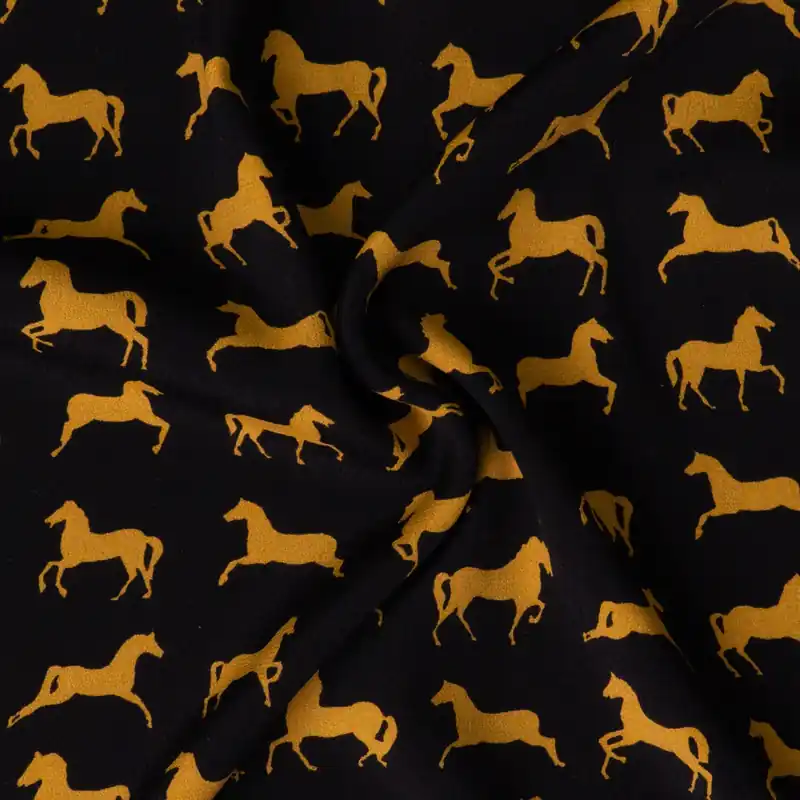 Viskosestoff, Crêpe, schwarz, ocker dunkel, Tiermotive Günstig