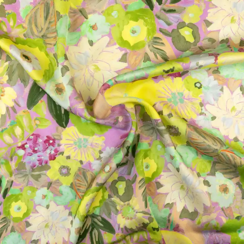 Viskosestoff, Satin, rosa dunkel, grüntöne, gelb, florale Motive Neuheit