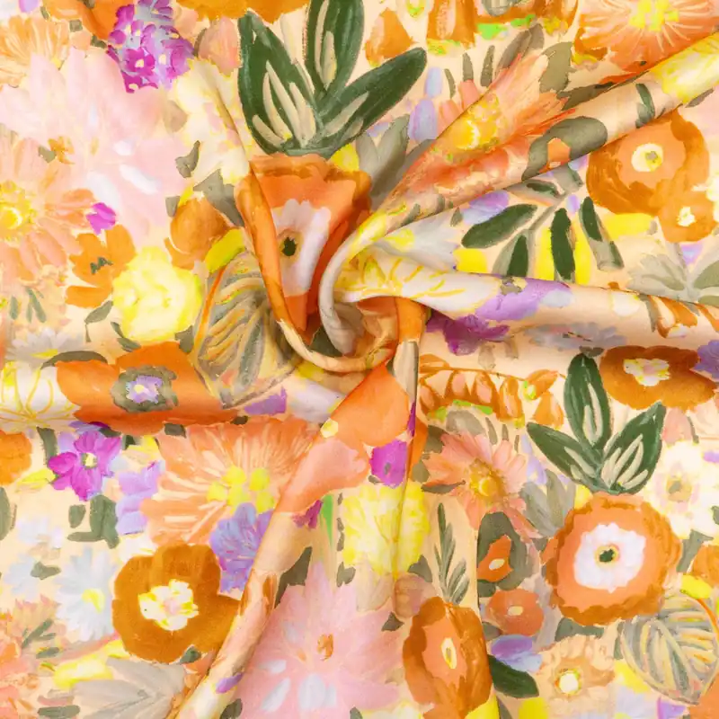 Viskosestoff, Satin, orangetöne, apricot, grün, lilatöne, florale Motive Neue Ware