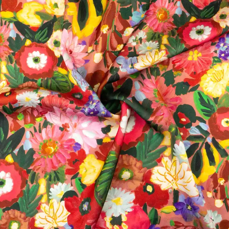 Highlight Viskosestoff, Satin, rottöne, gelb, lila, florale Motive