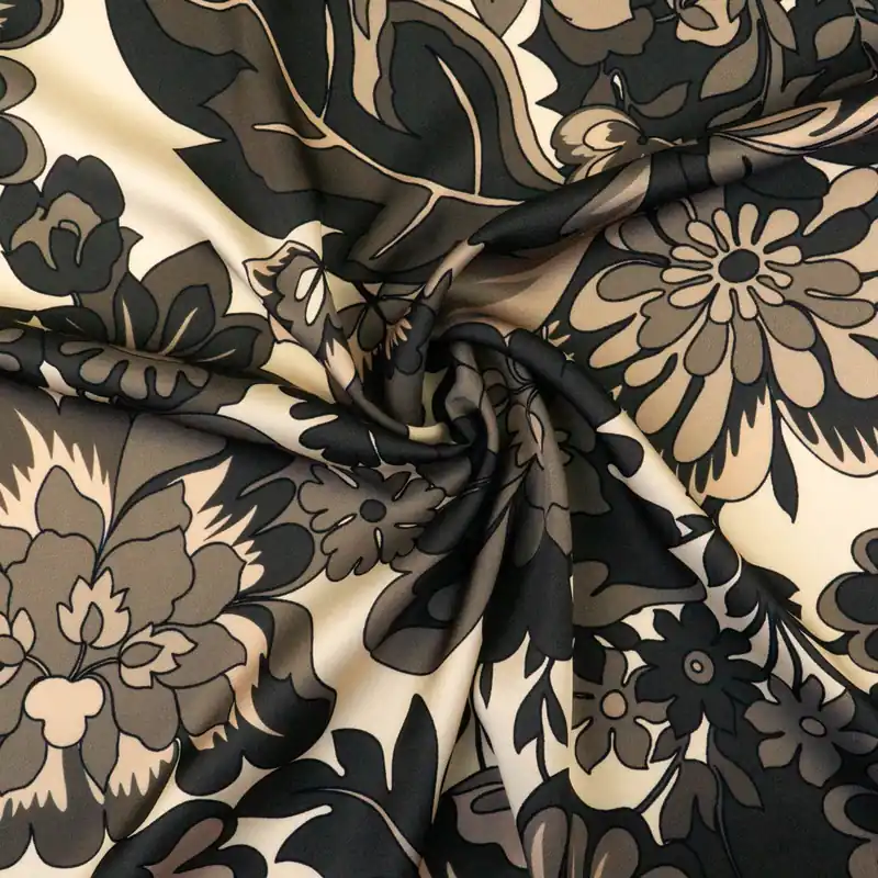 Viskosestoff, Satin, beige, grautöne, florale Motive Schneller Versand