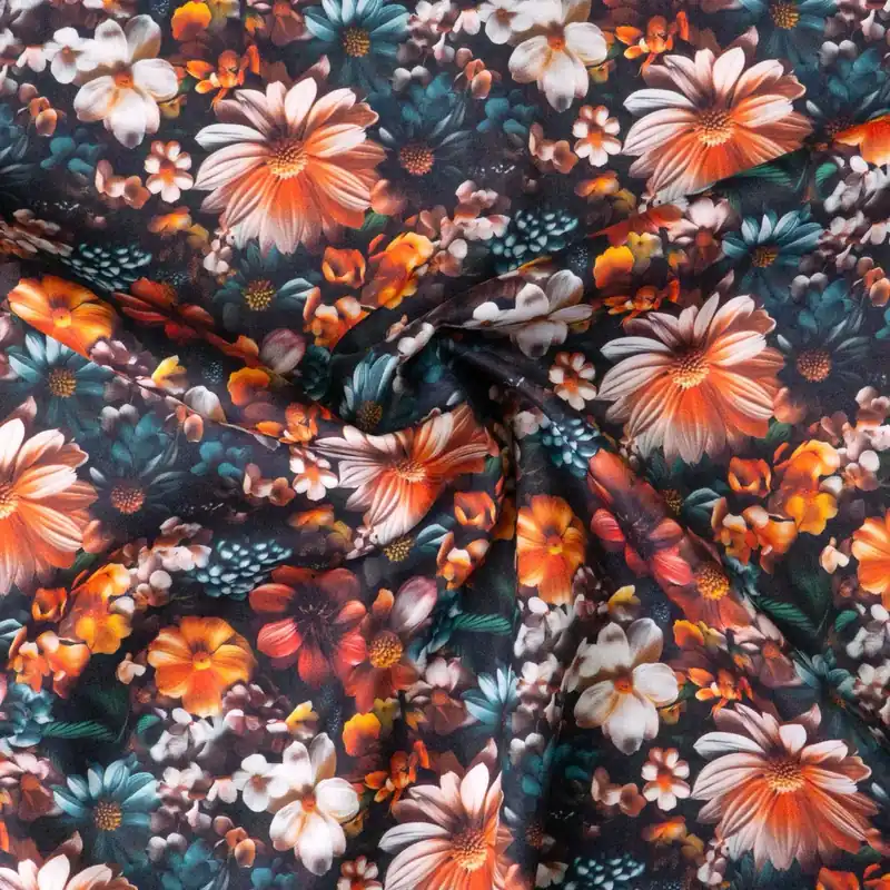 Preis Gesenkt Viskosestoff, Satin, gelb, orange, petrol, schwarz, florale Motive