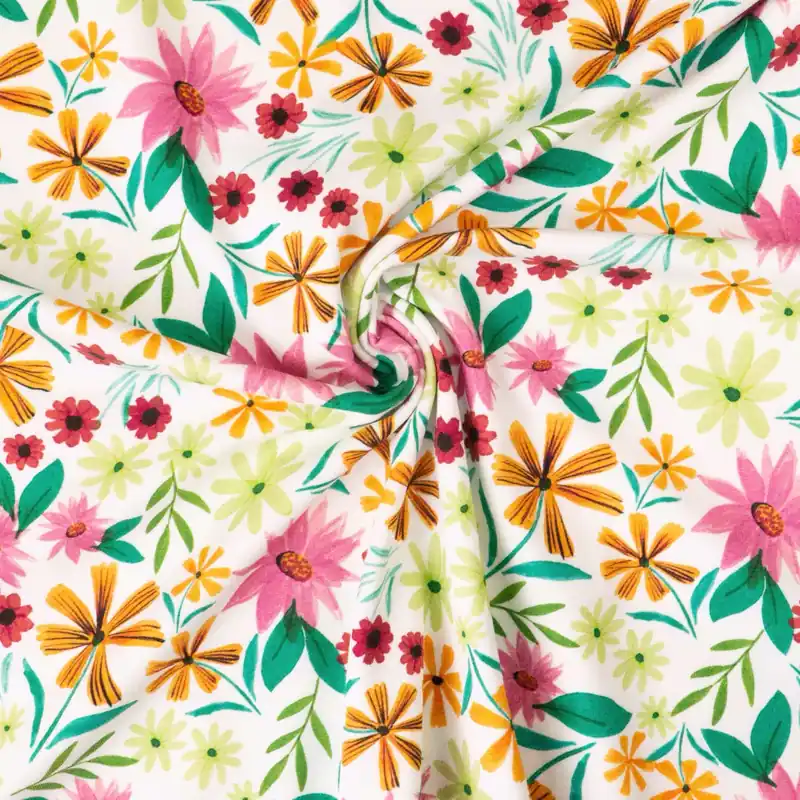 Garantierte Lieferung Baumwolljersey, weiß, grüntöne, orange, rosatöne, Milles Fleures