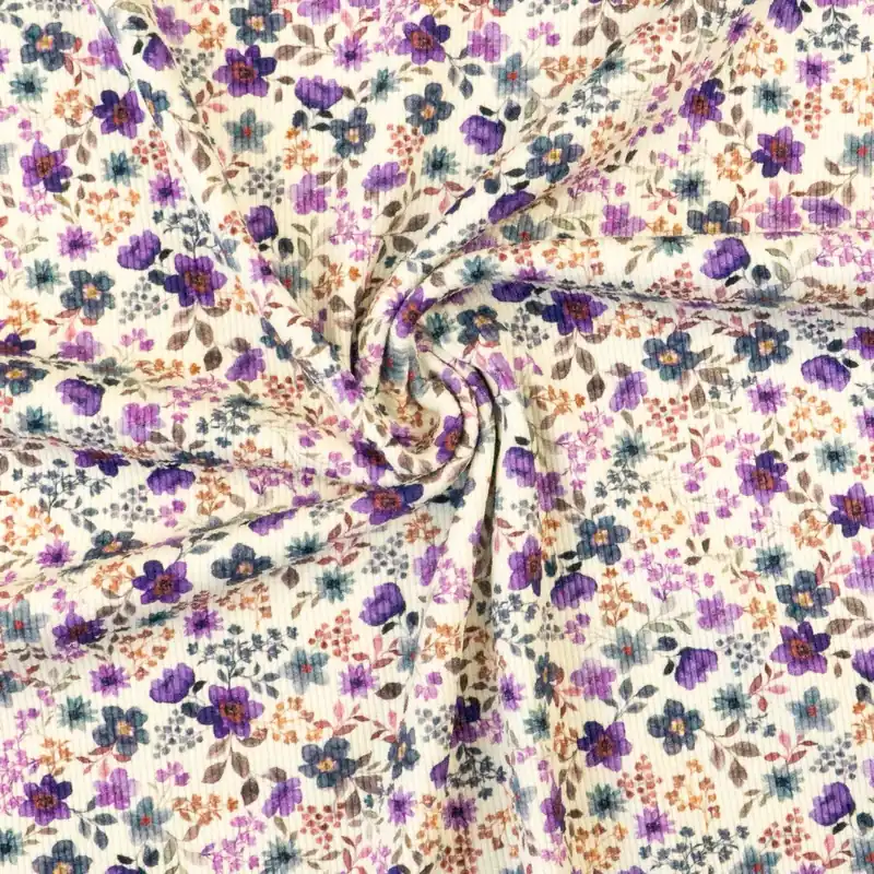 Baumwolljersey, offwhite, lilatöne, rotbraun, gerippt, florale Motive Heißes Angebot
